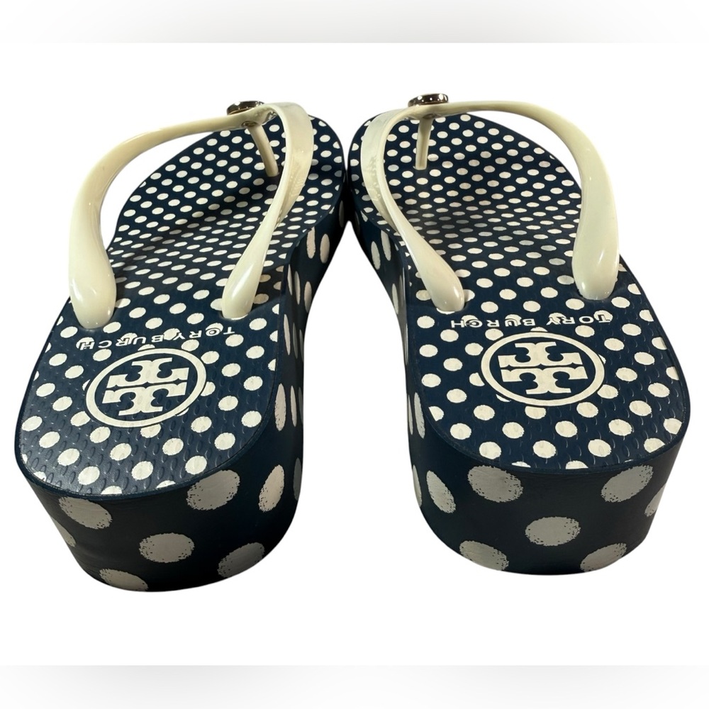 Tory Burch Navy and White Polka Dot Wedge Sandals Flip Flop -Size 8 - like new - Picture 3 of 6